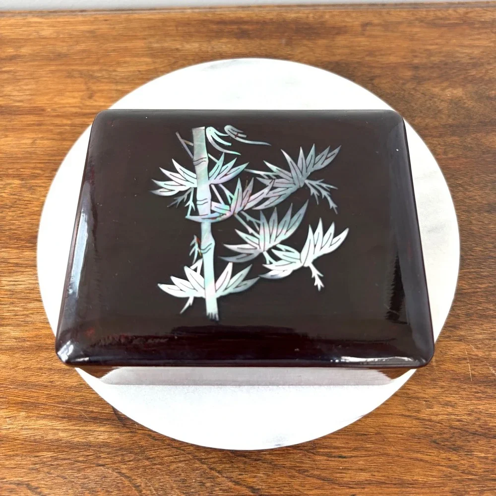 Vintage Japanese Lacquer Trinket Box Mother of Pearl Bamboo Inlay Wood Mahogany